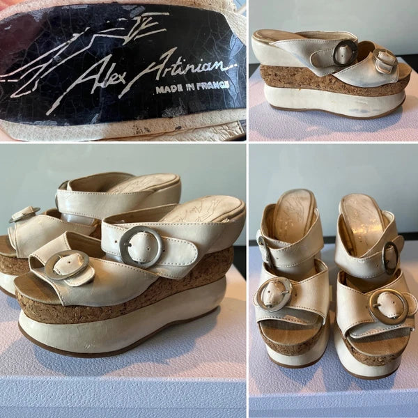 ALEX ARTINIAN France 70-80s Black Leather Platform Wedge Slides Sandals 37EU/7US
