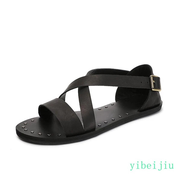 Fashion Men's Real Leather Summer Beach Roman Sandals Studded Shoes Flat Vintage