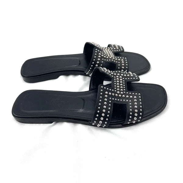 Hermes Oran Black Leather Studded Slide Sandals Womens Size EU 37 / US 6.5