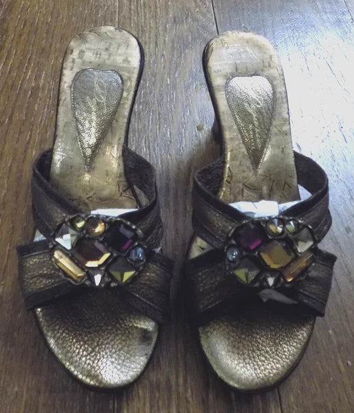 Dezario Slides Sandals 3" Heel Textured Metallic Bronze Rhinestone Bling USA 8.5