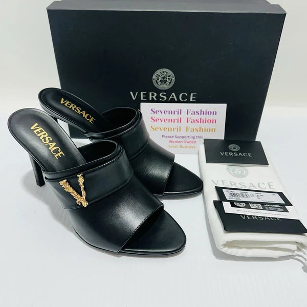 Versace Virtus Leather Open Toe Mule Heel Sandal Black Gold Size 38/8 NIB $900