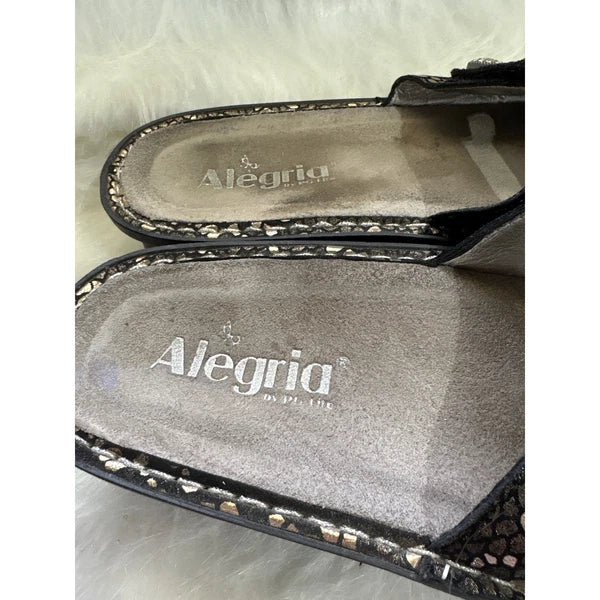 Alegria Black & Gold Leather Rhinestone Embellished Slide Sandals EU 41