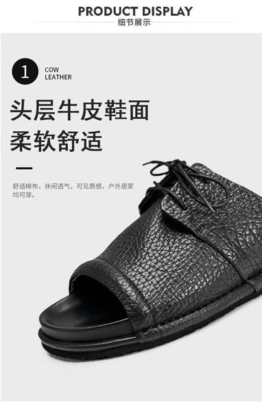 Men's Real Leather Slippers Open Toe Sandals Slides Lace Up Flat Comfort Casual