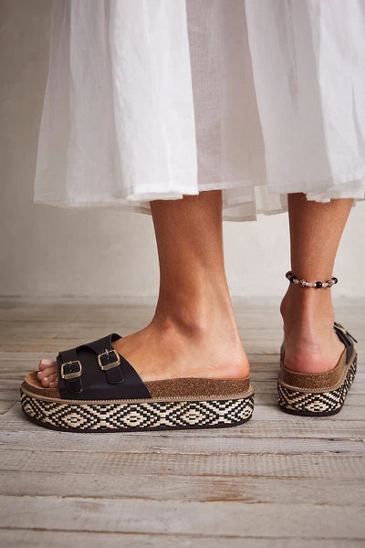 FREE PEOPLE Caravelle Cork Footbed Platform Black Boho Sandal Made In Spain 7/37