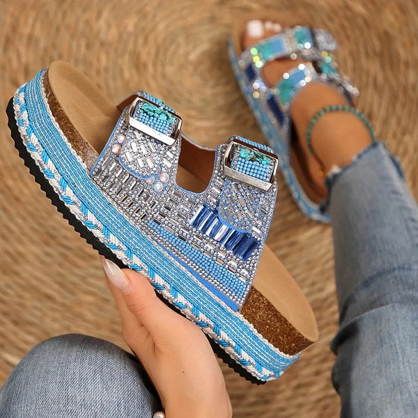 Heel Rhinestone Glitter Sandals, Double Buckle Slides with PP Insole and MD Sole