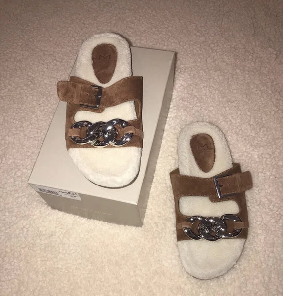 Marc Fisher Fresno Leather Upper Faux Fur/Leather Sock Lining Slide Sandal 9.5M