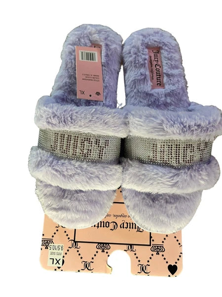 Juicy Couture Black/Silver Slide Slipper Sandals Faux Fur Size XL ( 9.5 - 10.5 )