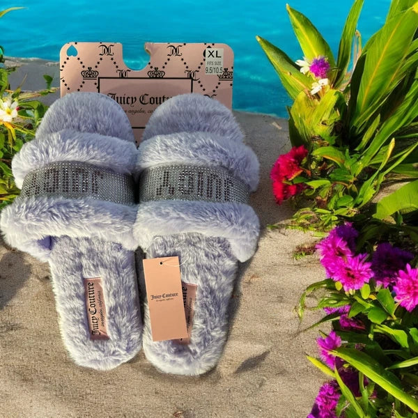 Juicy Couture Black/Silver Slide Slipper Sandals Faux Fur Size XL ( 9.5 - 10.5 )