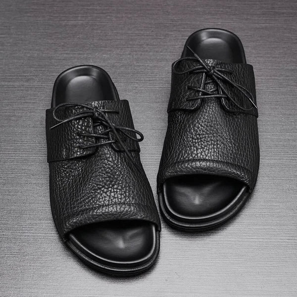 Men's Real Leather Slippers Open Toe Sandals Slides Lace Up Flat Comfort Casual