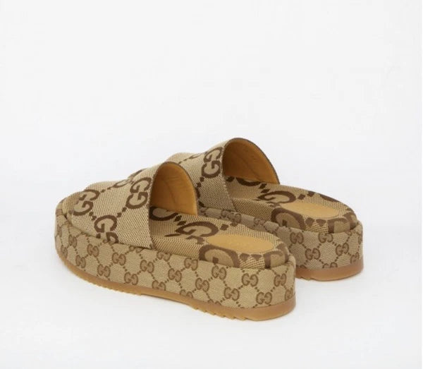 Gucci Womens Angelina Maxi GG Platform Slide Sandals- Beige Canvas- 40.5 /10.5US