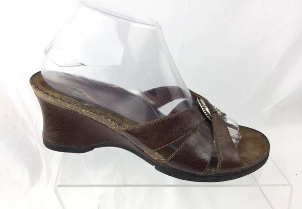 ARIAT Brown Leather Cork Wedge Slide Silver Ring Style 20903 Sandals Sz 8B