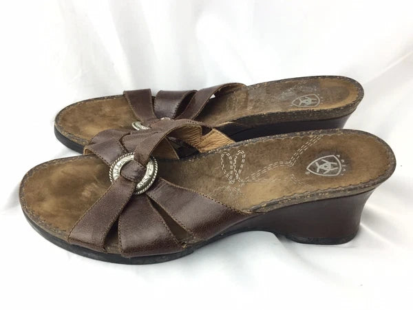 ARIAT Brown Leather Cork Wedge Slide Silver Ring Style 20903 Sandals Sz 8B