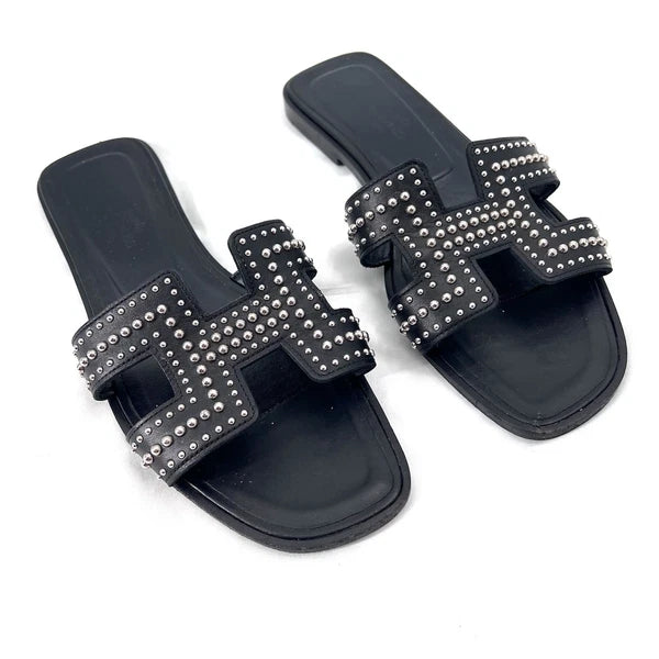 Hermes Oran Black Leather Studded Slide Sandals Womens Size EU 37 / US 6.5