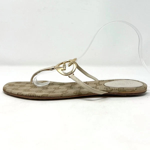 Gucci Monogram Heart Logo Thong Sandals Beige Gold Size EU 38.5