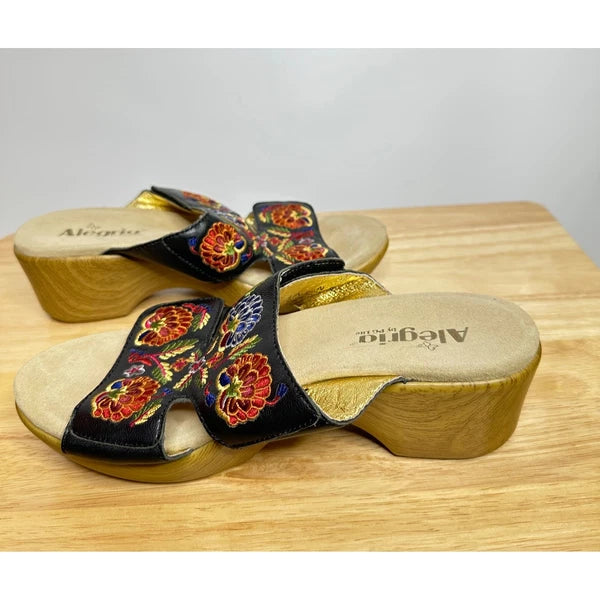 Alegria Linn Black Needles and Pins Sandals Slides 39 (US 9) Leather Floral