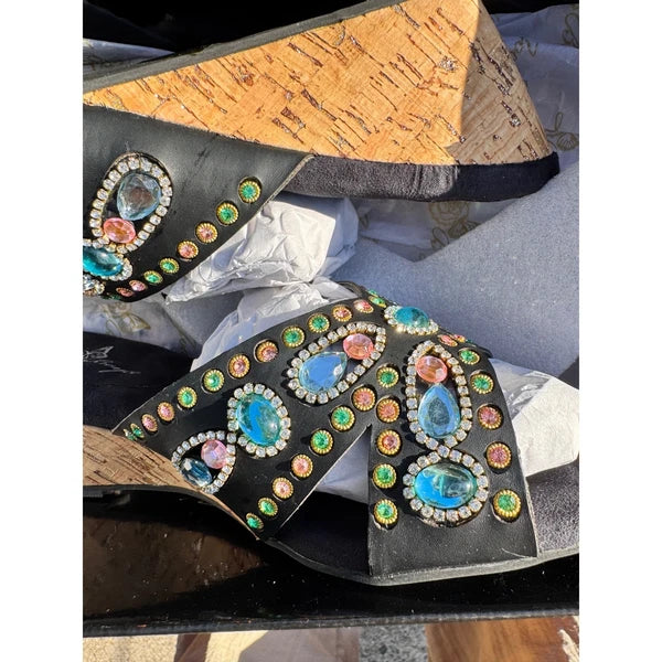 Joan Boyce Embellished Wedge Sandals Black Multi Rhinestone Slides Womens 7W NIB