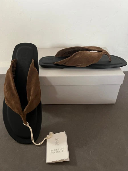 Brunello Cucinelli Brown Suede Flip Flop Thong Sandals, 39.5 (US 9.5) MSRP: $995