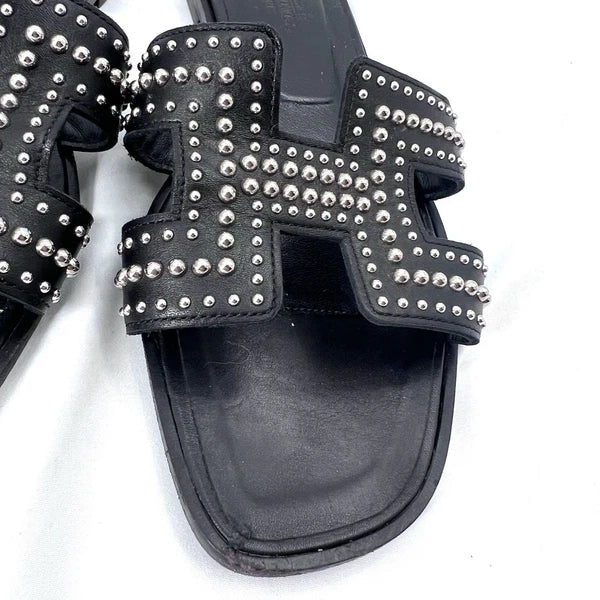 Hermes Oran Black Leather Studded Slide Sandals Womens Size EU 37 / US 6.5