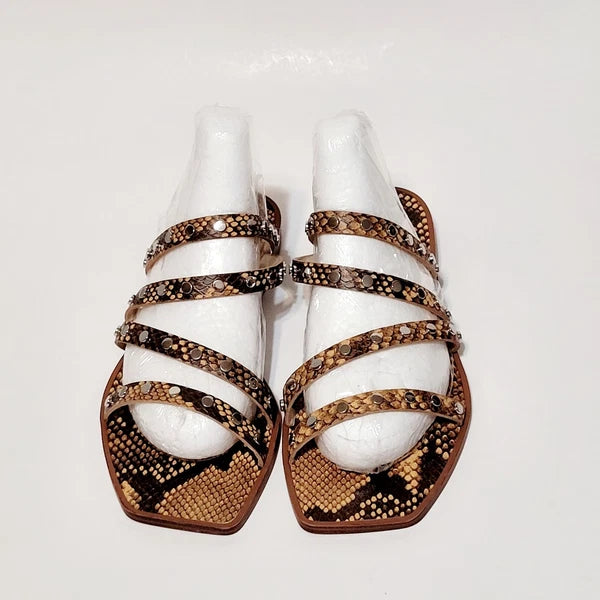 Dolce Vita Izabel Stud Mango Snake Print Square Toe Flat Slide Sandals Wms 6.5M