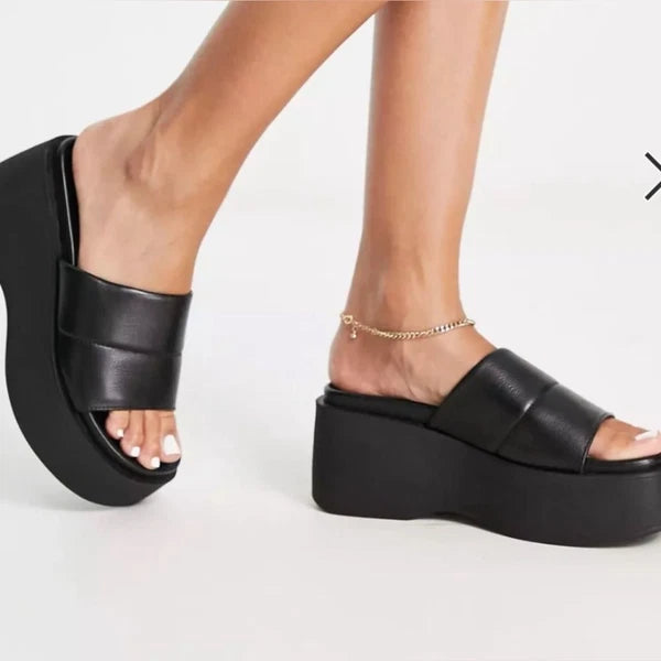 ALDO Y2K Style Libby Black Leather Platform Sandal Slides in 40 US 10