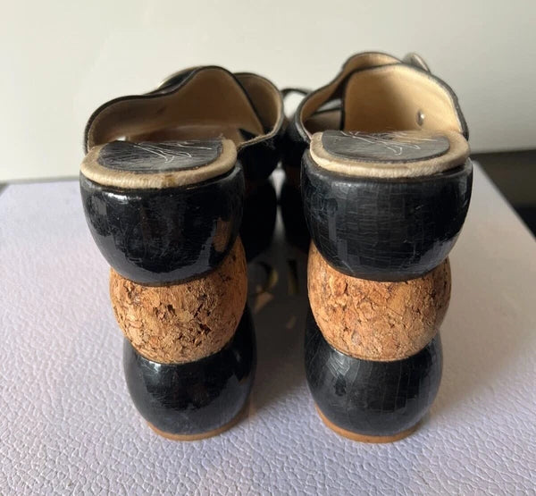 ALEX ARTINIAN France 70-80s Black Leather Platform Wedge Slides Sandals 37EU/7US