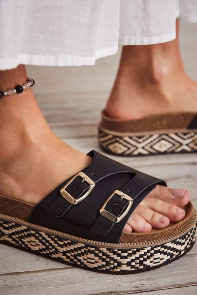 FREE PEOPLE Caravelle Cork Footbed Platform Black Boho Sandal Made In Spain 7/37