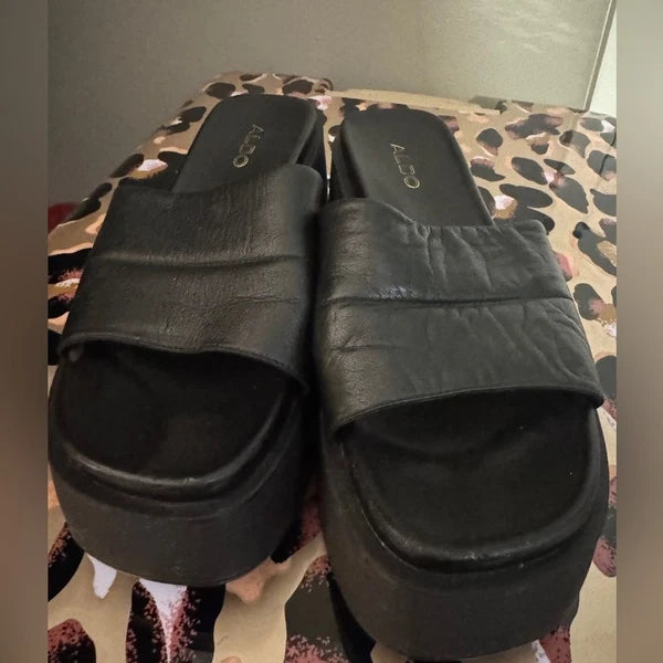 ALDO Y2K Style Libby Black Leather Platform Sandal Slides in 40 US 10