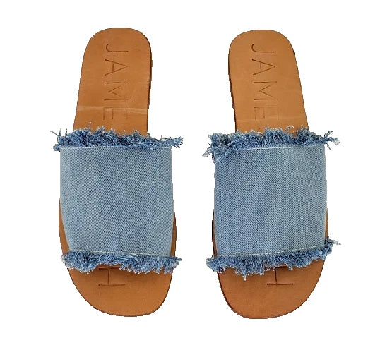 James Smith Womens Sandals Denim Slides Frayed Leather Sole Size 38 NEW