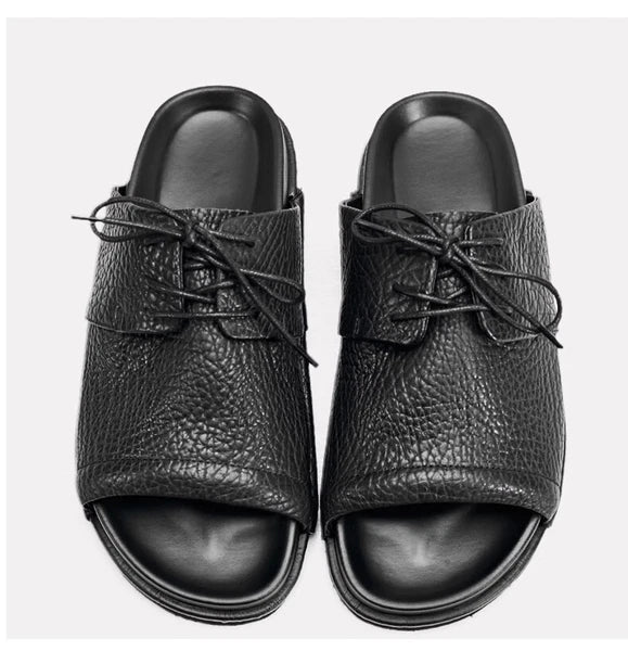 Men's Real Leather Slippers Open Toe Sandals Slides Lace Up Flat Comfort Casual