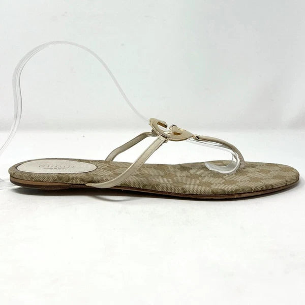 Gucci Monogram Heart Logo Thong Sandals Beige Gold Size EU 38.5