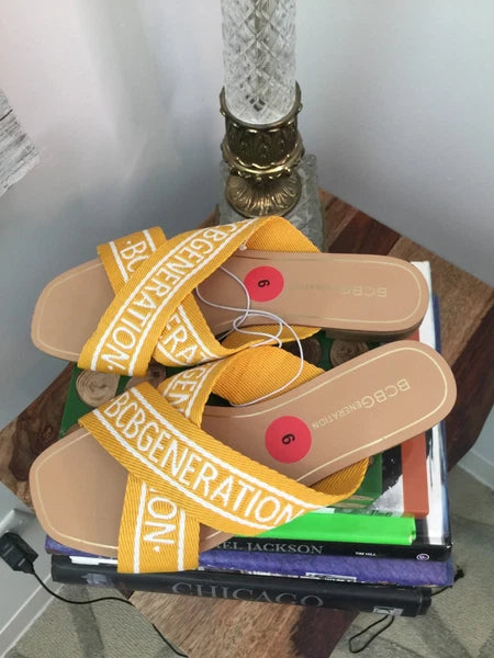BCBG NEW Flats Slides Sandals 6 Yellow Mustard white LOGO KEENA STYLE
