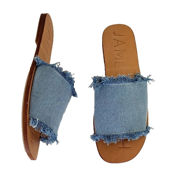 James Smith Womens Sandals Denim Slides Frayed Leather Sole Size 38 NEW