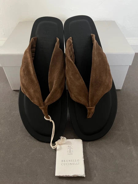Brunello Cucinelli Brown Suede Flip Flop Thong Sandals, 39.5 (US 9.5) MSRP: $995