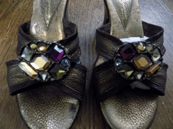 Dezario Slides Sandals 3" Heel Textured Metallic Bronze Rhinestone Bling USA 8.5