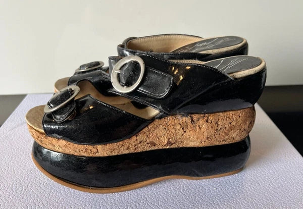 ALEX ARTINIAN France 70-80s Black Leather Platform Wedge Slides Sandals 37EU/7US
