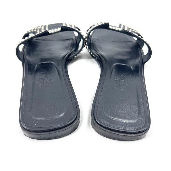 Hermes Oran Black Leather Studded Slide Sandals Womens Size EU 37 / US 6.5
