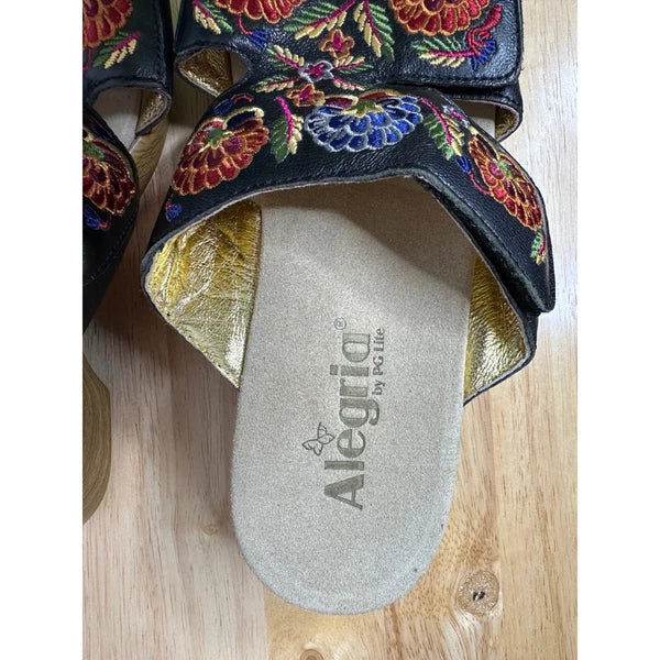 Alegria Linn Black Needles and Pins Sandals Slides 39 (US 9) Leather Floral
