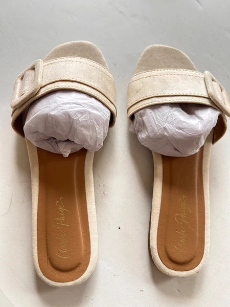 Mod Sandals 7 Off White Cream Buckle 60s Style NEW Slide Flat Charlie Paige