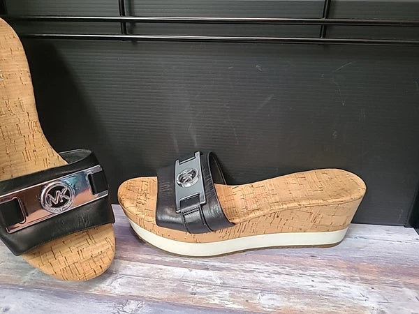 Michael Kors Warren Platform Sandal 8.5M Black Wedge Shoe Cork Open Toe Slide