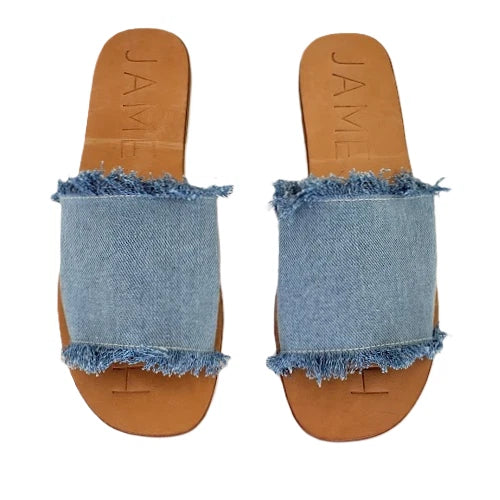 James Smith Womens Sandals Denim Slides Frayed Leather Sole Size 38 NEW