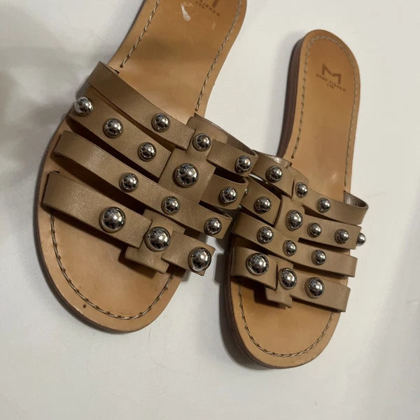 Marc Fisher Sandals Womens 7.5 Tan Pava Slides Studded Flat Leather Gladiator