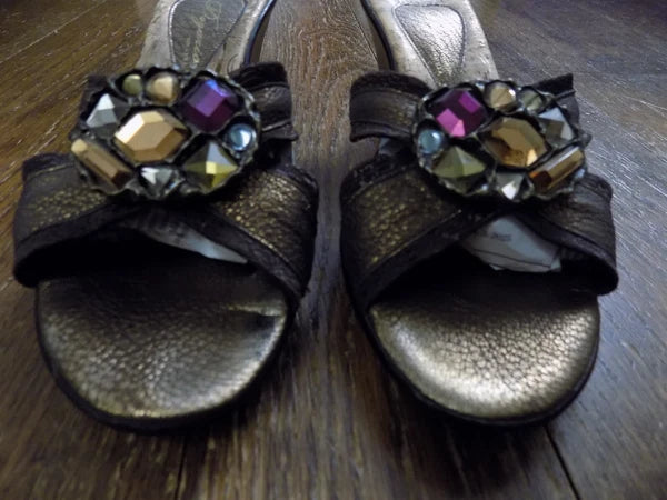 Dezario Slides Sandals 3" Heel Textured Metallic Bronze Rhinestone Bling USA 8.5