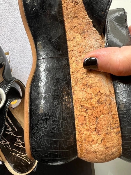 ALEX ARTINIAN France 70-80s Black Leather Platform Wedge Slides Sandals 37EU/7US