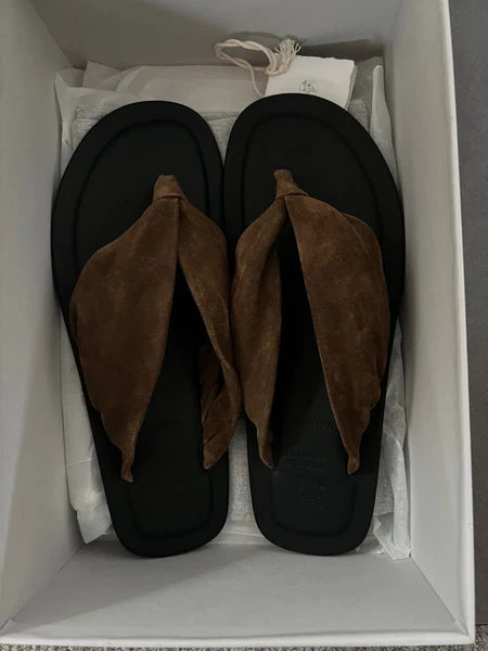 Brunello Cucinelli Brown Suede Flip Flop Thong Sandals, 39.5 (US 9.5) MSRP: $995