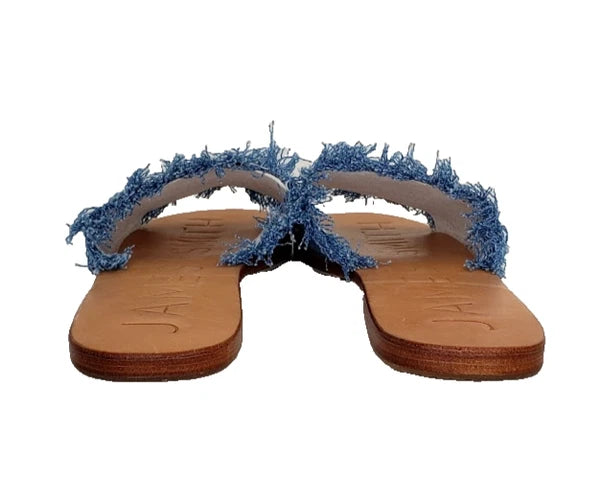 James Smith Womens Sandals Denim Slides Frayed Leather Sole Size 38 NEW