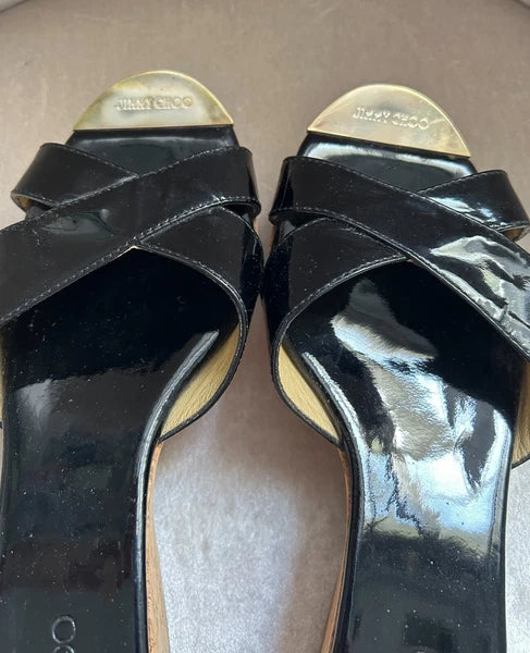 Jimmy Choo Black Patent Leather Platform Sandal Cork Wedges, Gold Toe, Size 37/7