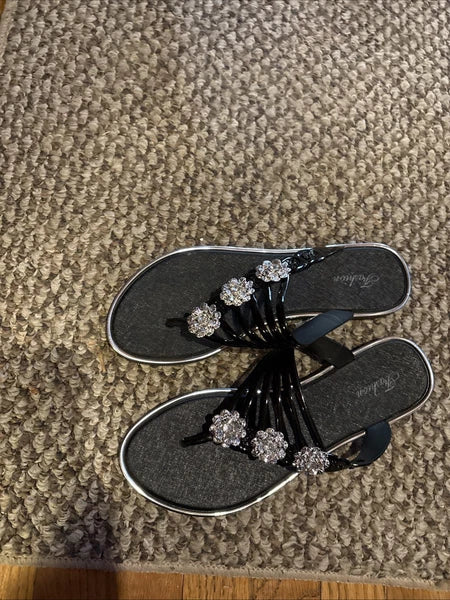 Fashion Ladies Black Sandals W/Rhinestone Flowers Flat Heel Size EU 44/ Us 11.5