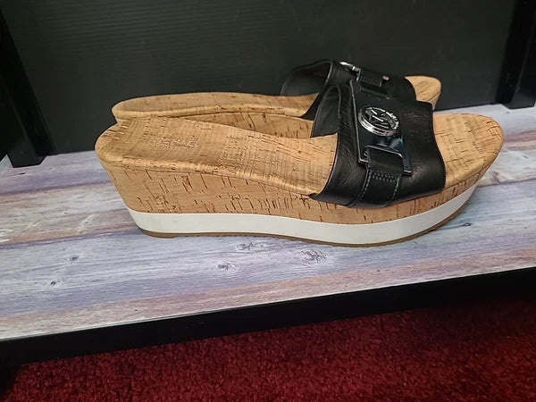 Michael Kors Warren Platform Sandal 8.5M Black Wedge Shoe Cork Open Toe Slide