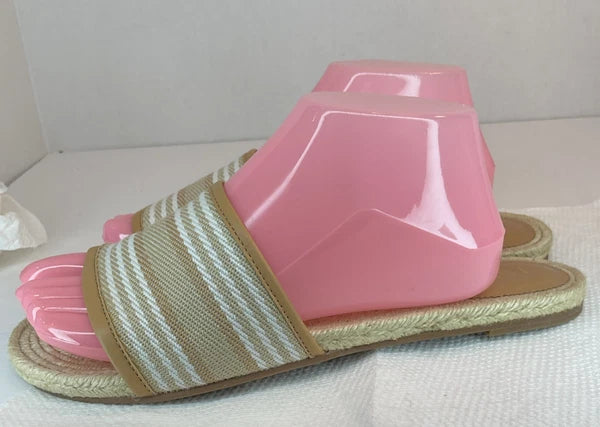 J. Crew Sandals Womens 10 White Tan Striped Espadrille Slides Flat Summer Beach