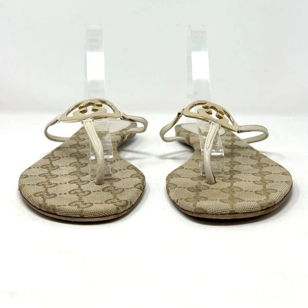 Gucci Monogram Heart Logo Thong Sandals Beige Gold Size EU 38.5